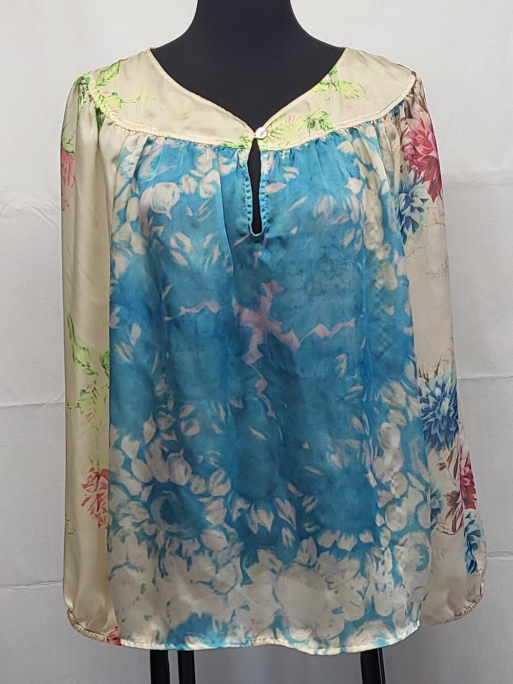 Tiny Womens Sheer Top Boho Size Large Floral Peasant Puff Sleeves Multicolor